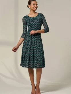 Jolie Moi Occasion Dresses|Mesh Dresses-3/4 Sleeve Printed Mesh Dress, Green Geo