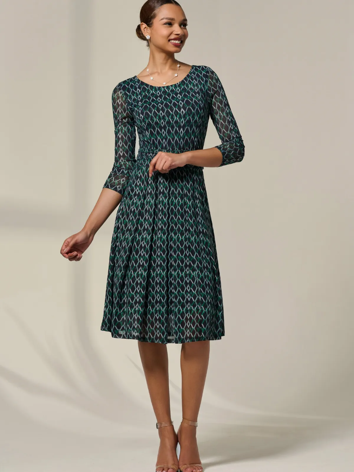 Jolie Moi Occasion Dresses|Mesh Dresses-3/4 Sleeve Printed Mesh Dress, Green Geo