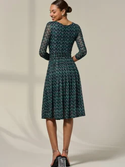 Jolie Moi Occasion Dresses|Mesh Dresses-3/4 Sleeve Printed Mesh Dress, Green Geo