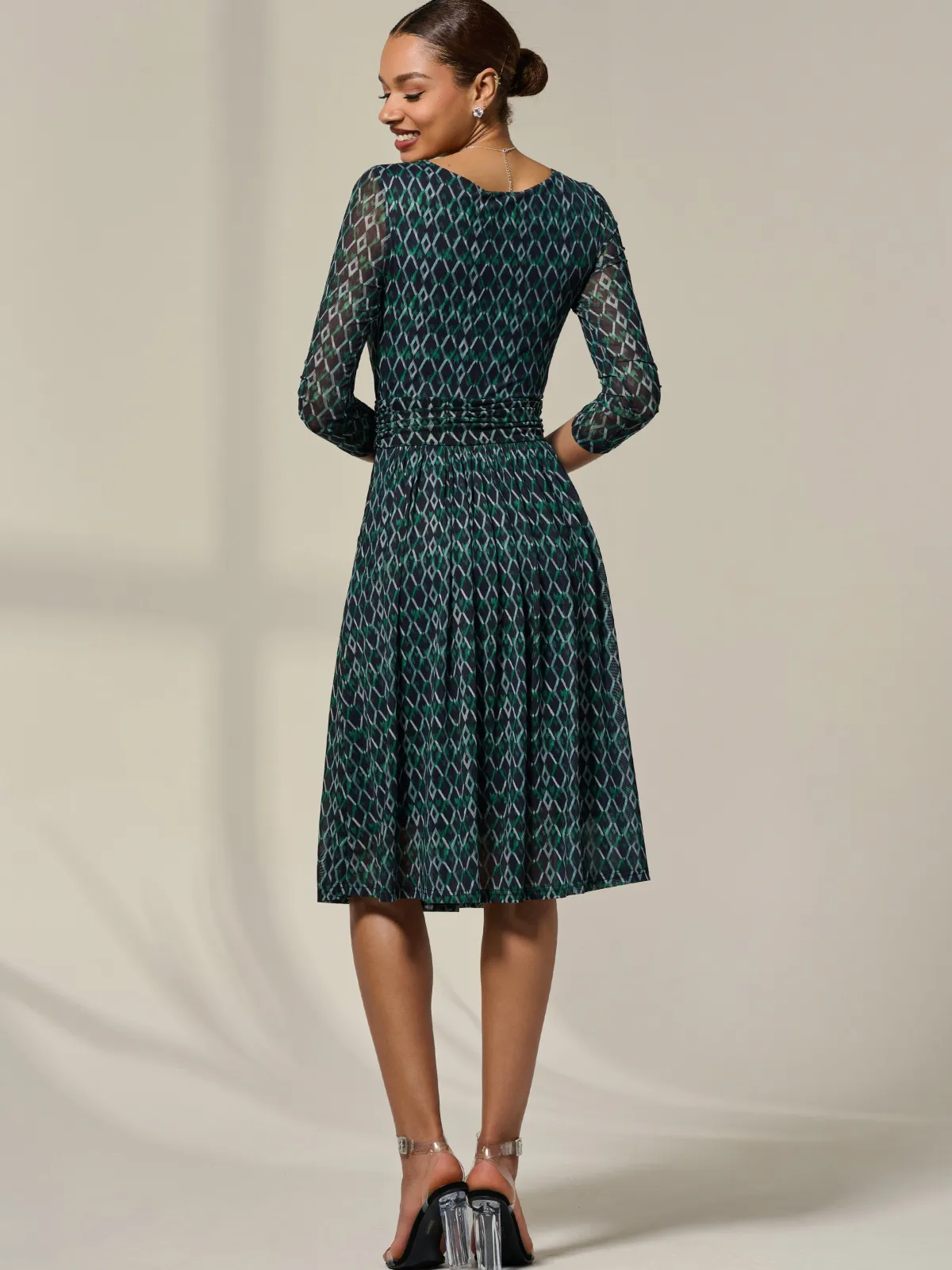 Jolie Moi Occasion Dresses|Mesh Dresses-3/4 Sleeve Printed Mesh Dress, Green Geo