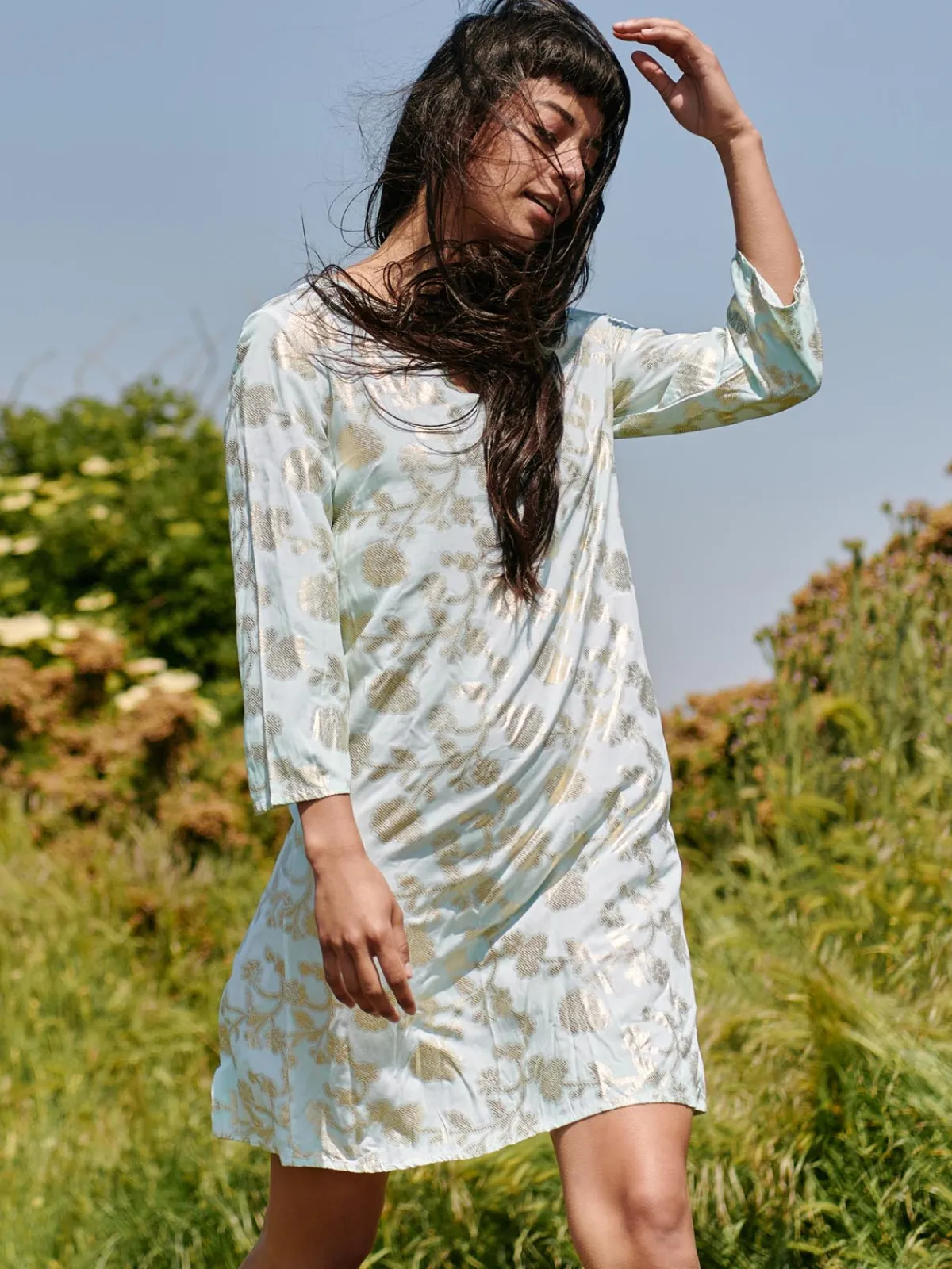 Jolie Moi Midi Dresses|Weekend Casuals-3/4 eeve Printed idi Tunic Hoiday Dre, Green Abstract