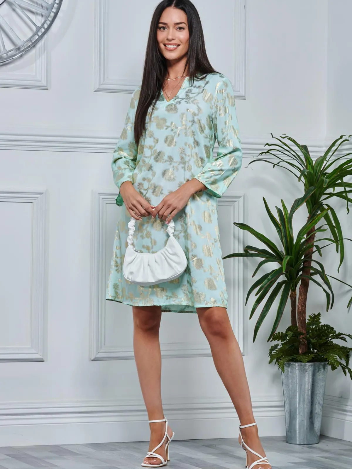 Jolie Moi Midi Dresses|Weekend Casuals-3/4 eeve Printed idi Tunic Hoiday Dre, Green Abstract