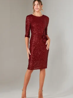 Jolie Moi Occasion Dresses|Party Dresses-3/4 Sleeve Sequin Stretch Shift Dress, Dark Red