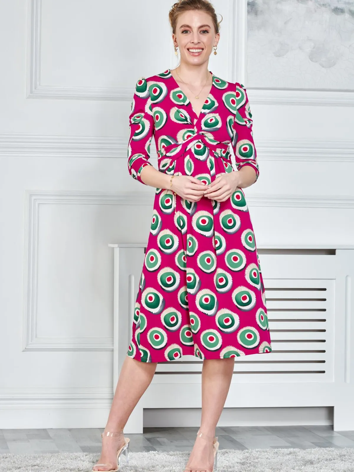 Jolie Moi Office Wear|Jersey Dresses-3/4 Sleeve Twisted Knot Jersey Dress, Plum