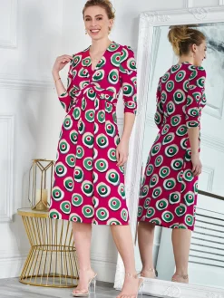 Jolie Moi Office Wear|Jersey Dresses-3/4 Sleeve Twisted Knot Jersey Dress, Plum