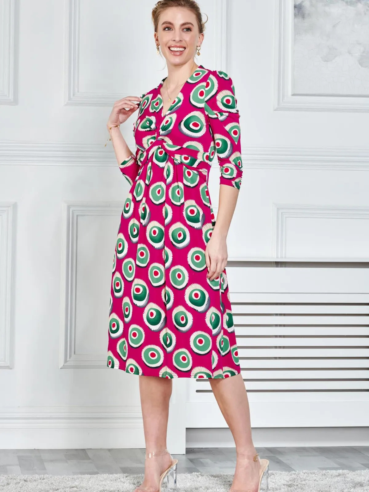 Jolie Moi Office Wear|Jersey Dresses-3/4 Sleeve Twisted Knot Jersey Dress, Plum