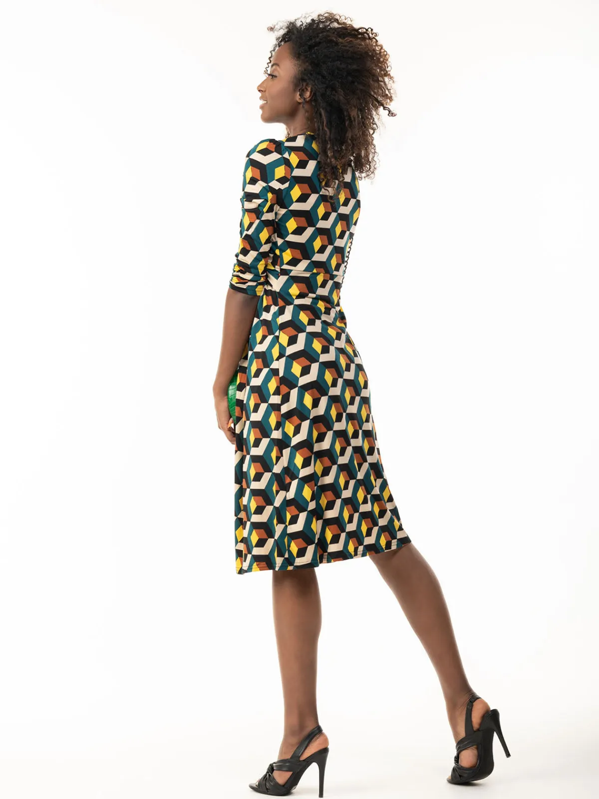 Jolie Moi Office Wear|Jersey Dresses-3/4 Sleeve Twisted Knot Jersey Dress, Teal Geo