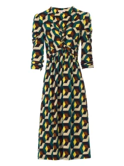 Jolie Moi Office Wear|Jersey Dresses-3/4 Sleeve Twisted Knot Jersey Dress, Teal Geo