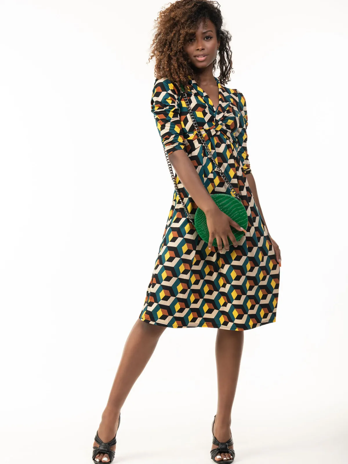 Jolie Moi Office Wear|Jersey Dresses-3/4 Sleeve Twisted Knot Jersey Dress, Teal Geo