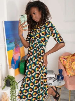 Jolie Moi Office Wear|Jersey Dresses-3/4 Sleeve Twisted Knot Jersey Dress, Teal Geo
