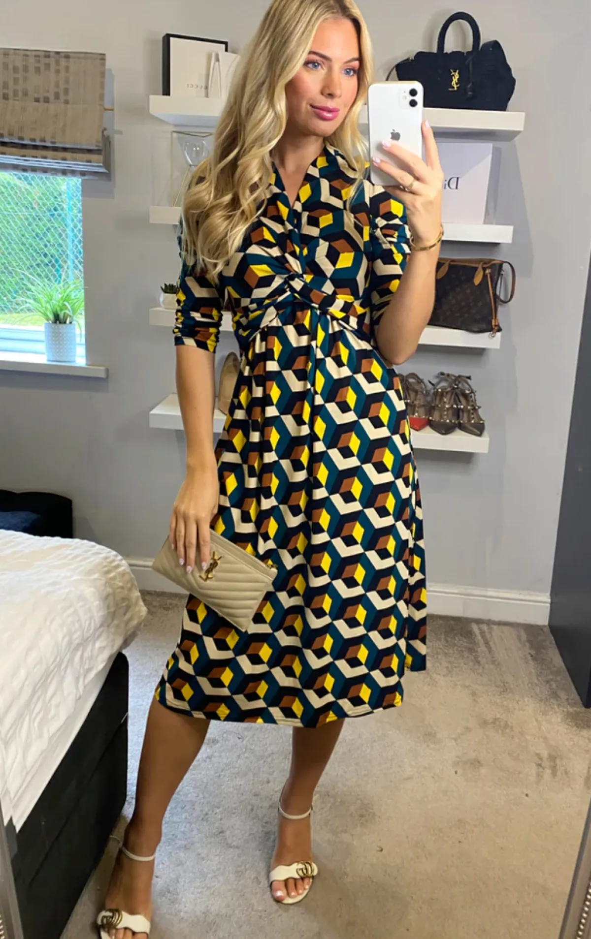 Jolie Moi Office Wear|Jersey Dresses-3/4 Sleeve Twisted Knot Jersey Dress, Teal Geo