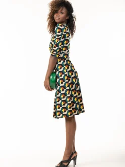 Jolie Moi Office Wear|Jersey Dresses-3/4 Sleeve Twisted Knot Jersey Dress, Teal Geo