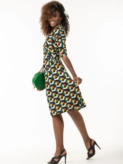 Jolie Moi Office Wear|Jersey Dresses-3/4 Sleeve Twisted Knot Jersey Dress, Teal Geo