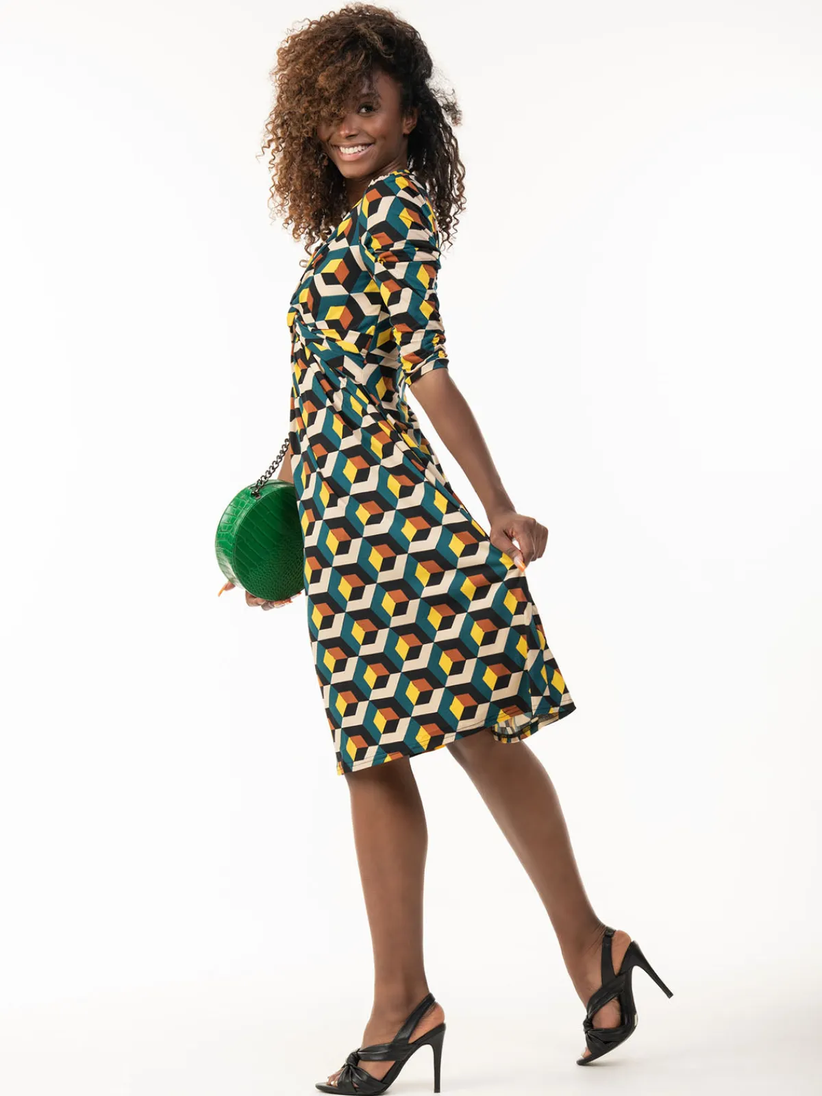 Jolie Moi Office Wear|Jersey Dresses-3/4 Sleeve Twisted Knot Jersey Dress, Teal Geo