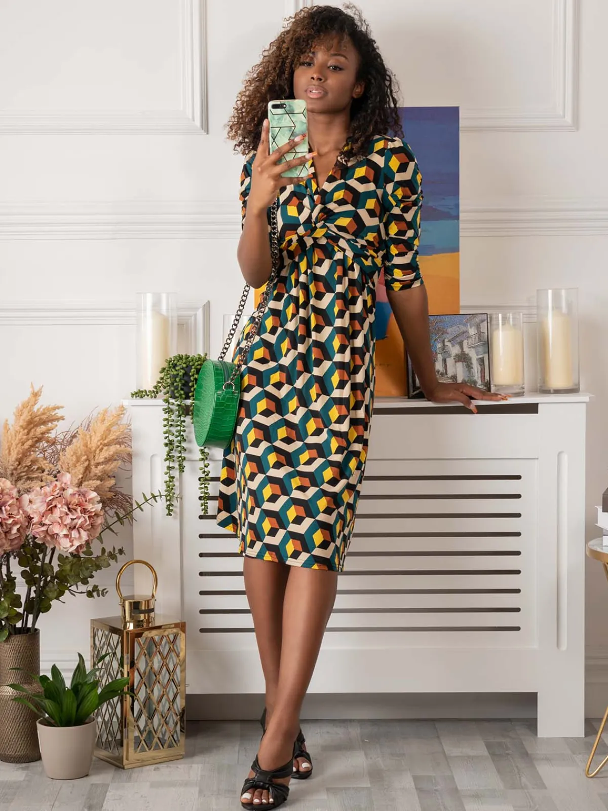 Jolie Moi Office Wear|Jersey Dresses-3/4 Sleeve Twisted Knot Jersey Dress, Teal Geo
