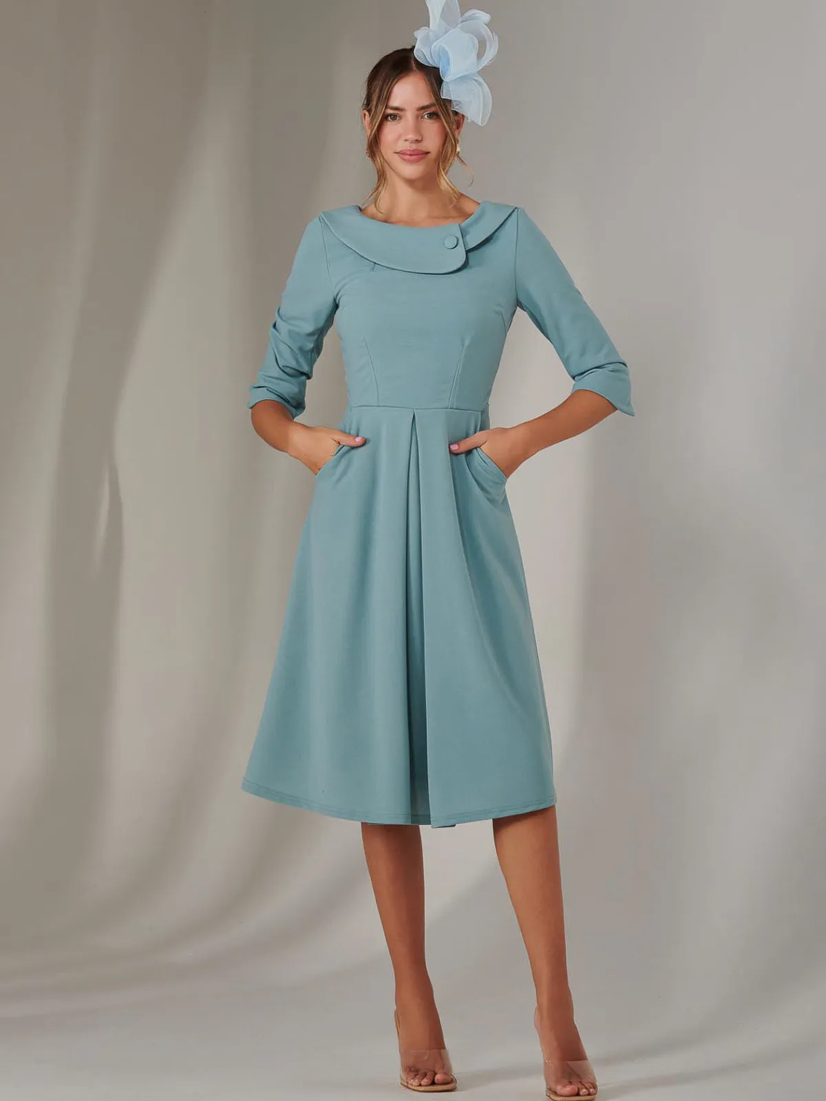 Jolie Moi Occasion Dresses|Race Day Dresses-Sloan 3/4 Sleeve Midi Dress, Duck Egg Blue