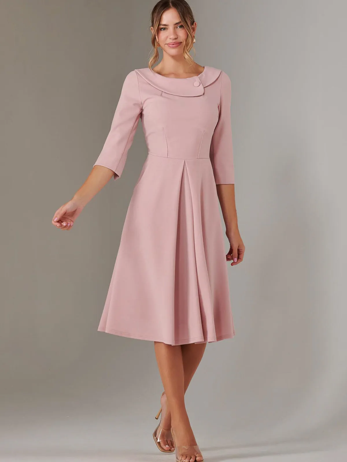 Jolie Moi Occasion Dresses|Race Day Dresses-Sloan 3/4 Sleeve Midi Dress, Dusty Pink