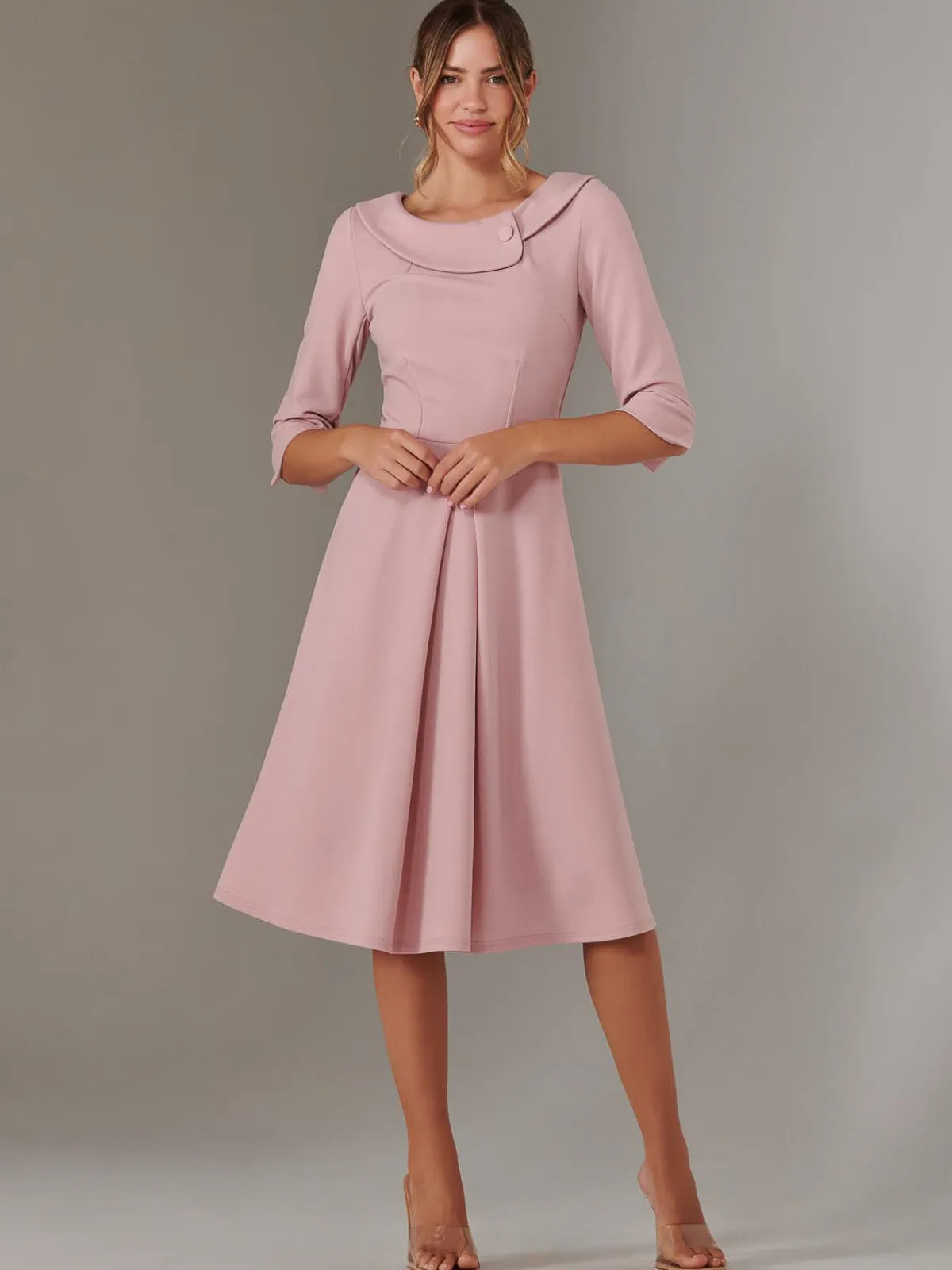 Jolie Moi Occasion Dresses|Race Day Dresses-Sloan 3/4 Sleeve Midi Dress, Dusty Pink