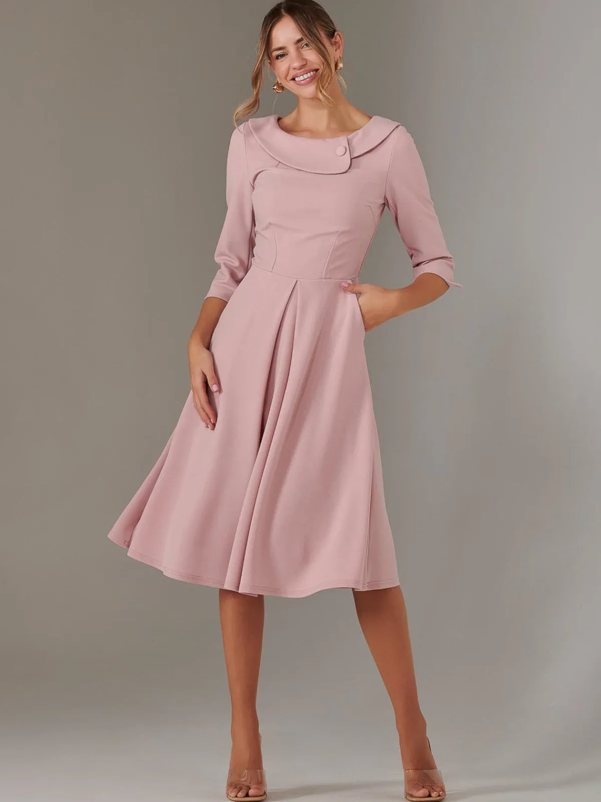 Jolie Moi Occasion Dresses|Race Day Dresses-Sloan 3/4 Sleeve Midi Dress, Dusty Pink