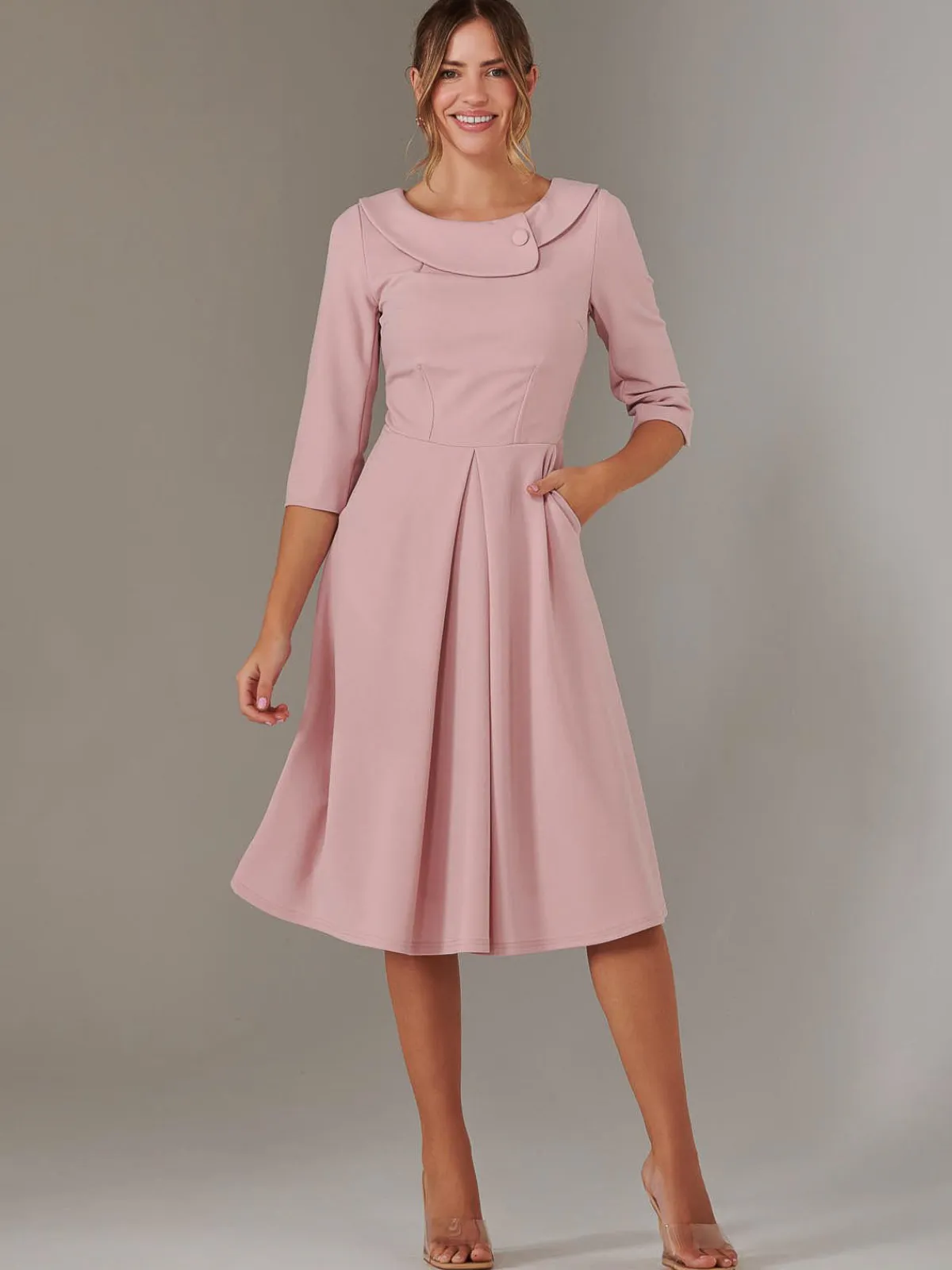 Jolie Moi Occasion Dresses|Race Day Dresses-Sloan 3/4 Sleeve Midi Dress, Dusty Pink