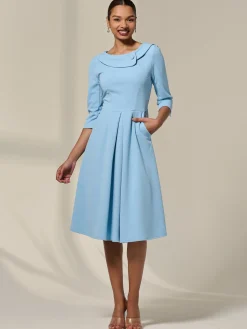 Jolie Moi Occasion Dresses|Office Dresses-Sloan 3/4 Sleeve Midi Dress, Light Blue