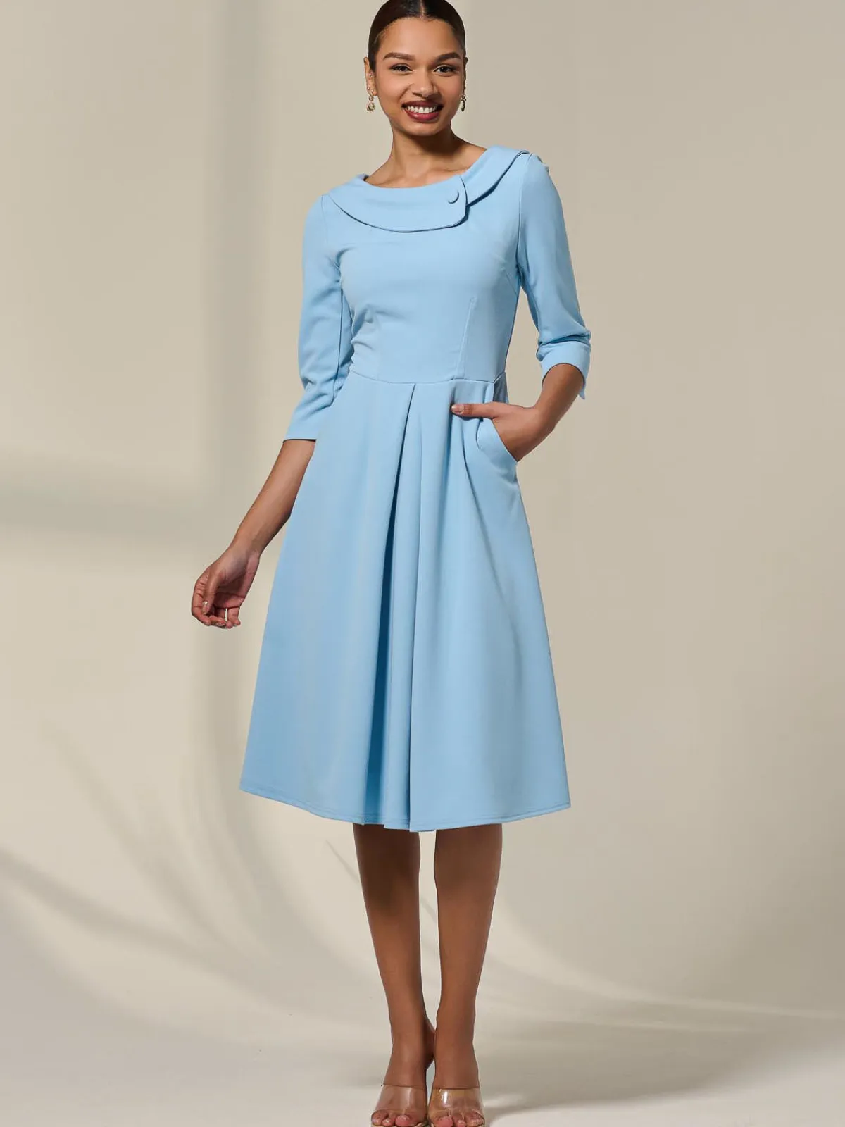 Jolie Moi Occasion Dresses|Office Dresses-Sloan 3/4 Sleeve Midi Dress, Light Blue