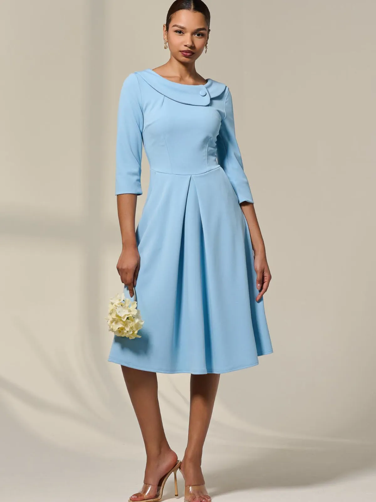 Jolie Moi Occasion Dresses|Office Dresses-Sloan 3/4 Sleeve Midi Dress, Light Blue