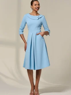 Jolie Moi Occasion Dresses|Office Dresses-Sloan 3/4 Sleeve Midi Dress, Light Blue