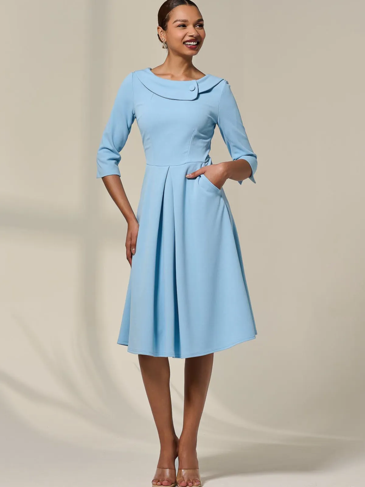 Jolie Moi Occasion Dresses|Office Dresses-Sloan 3/4 Sleeve Midi Dress, Light Blue