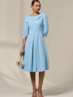 Jolie Moi Occasion Dresses|Office Dresses-Sloan 3/4 Sleeve Midi Dress, Light Blue