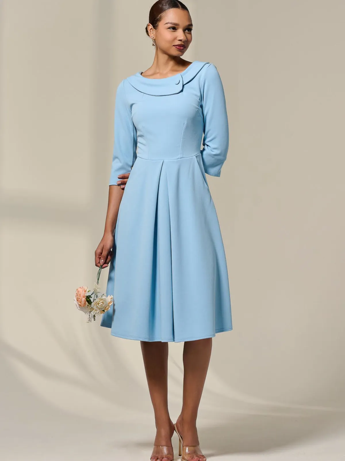 Jolie Moi Occasion Dresses|Office Dresses-Sloan 3/4 Sleeve Midi Dress, Light Blue