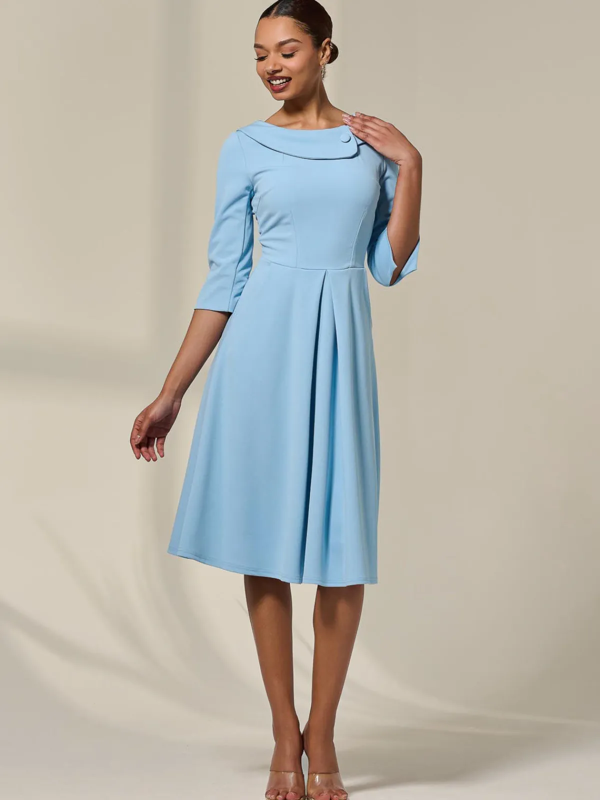 Jolie Moi Occasion Dresses|Office Dresses-Sloan 3/4 Sleeve Midi Dress, Light Blue