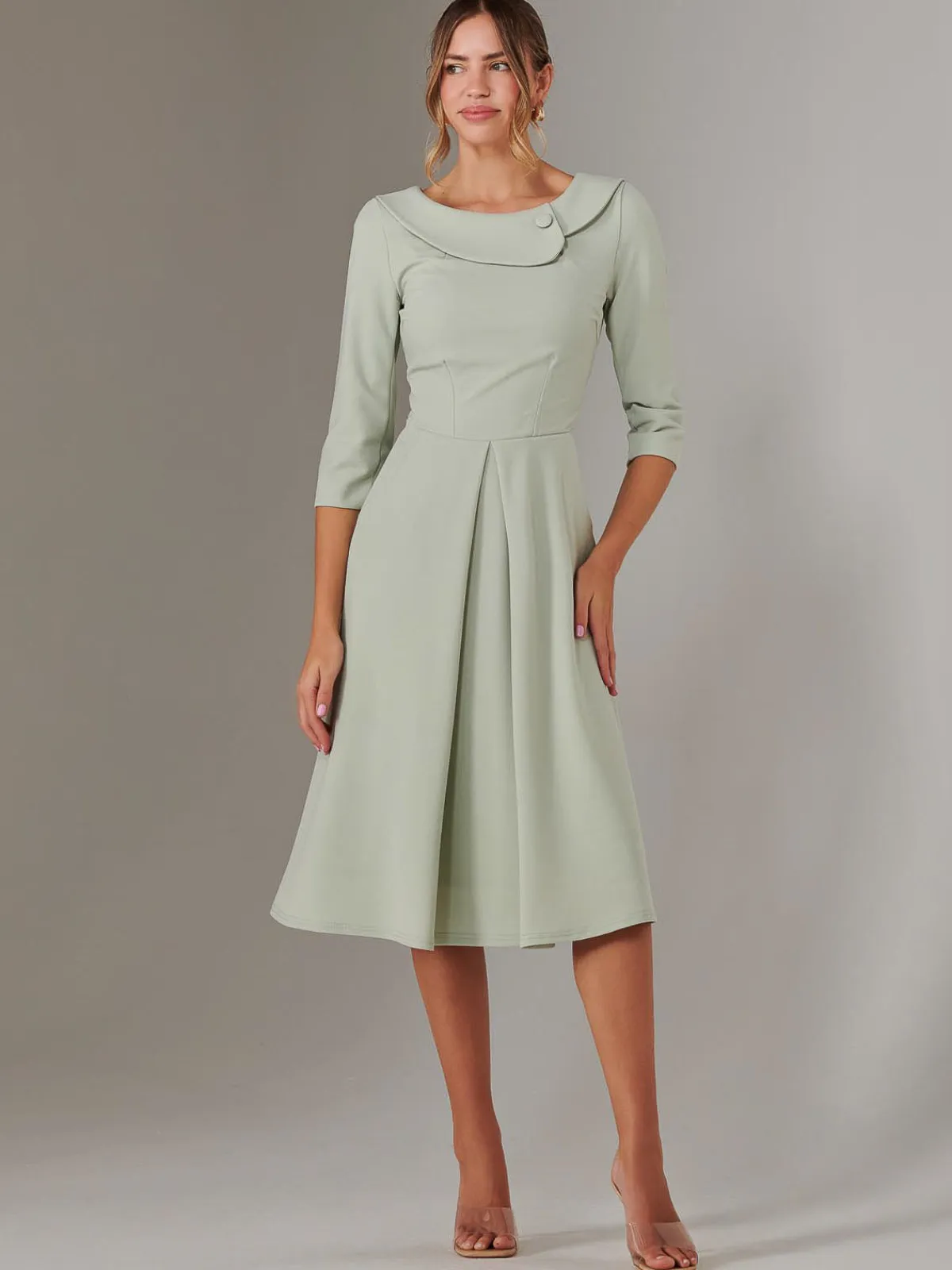 Jolie Moi Occasion Dresses|Race Day Dresses-Sloan 3/4 Sleeve Midi Dress, Sage Green