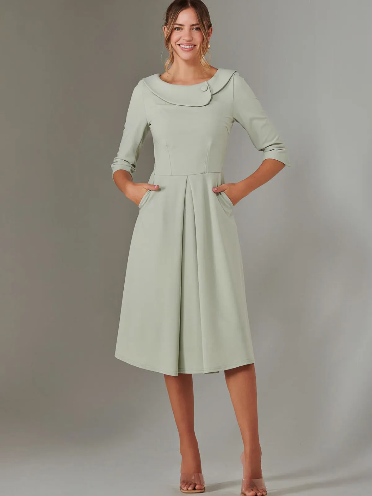 Jolie Moi Occasion Dresses|Race Day Dresses-Sloan 3/4 Sleeve Midi Dress, Sage Green