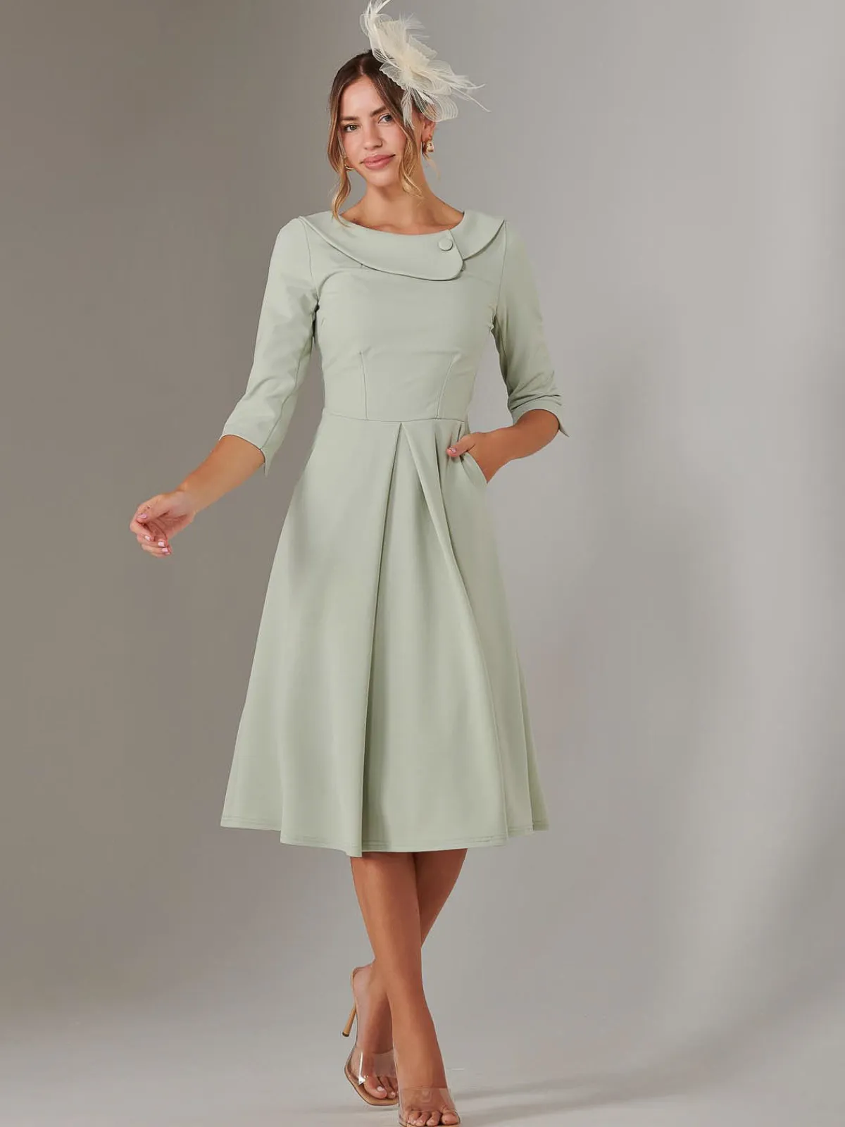 Jolie Moi Occasion Dresses|Race Day Dresses-Sloan 3/4 Sleeve Midi Dress, Sage Green