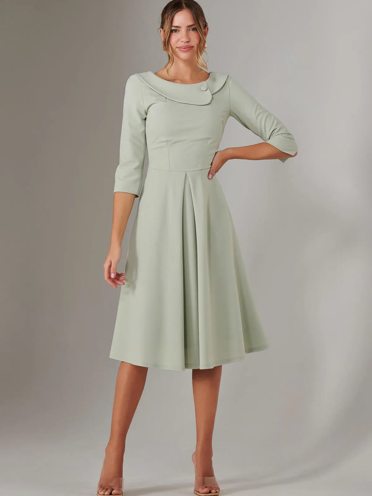 Jolie Moi Occasion Dresses|Race Day Dresses-Sloan 3/4 Sleeve Midi Dress, Sage Green