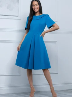 Jolie Moi Occasion Dresses|Office Wear-Sophia Button Collar Dress, Royal Blue