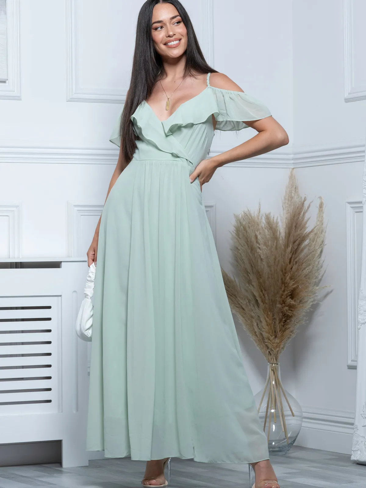 Jolie Moi Occasion Dresses|Sleeveless Dresses-Spaghetti-Strap Ruffle Maxi Dress, Mist