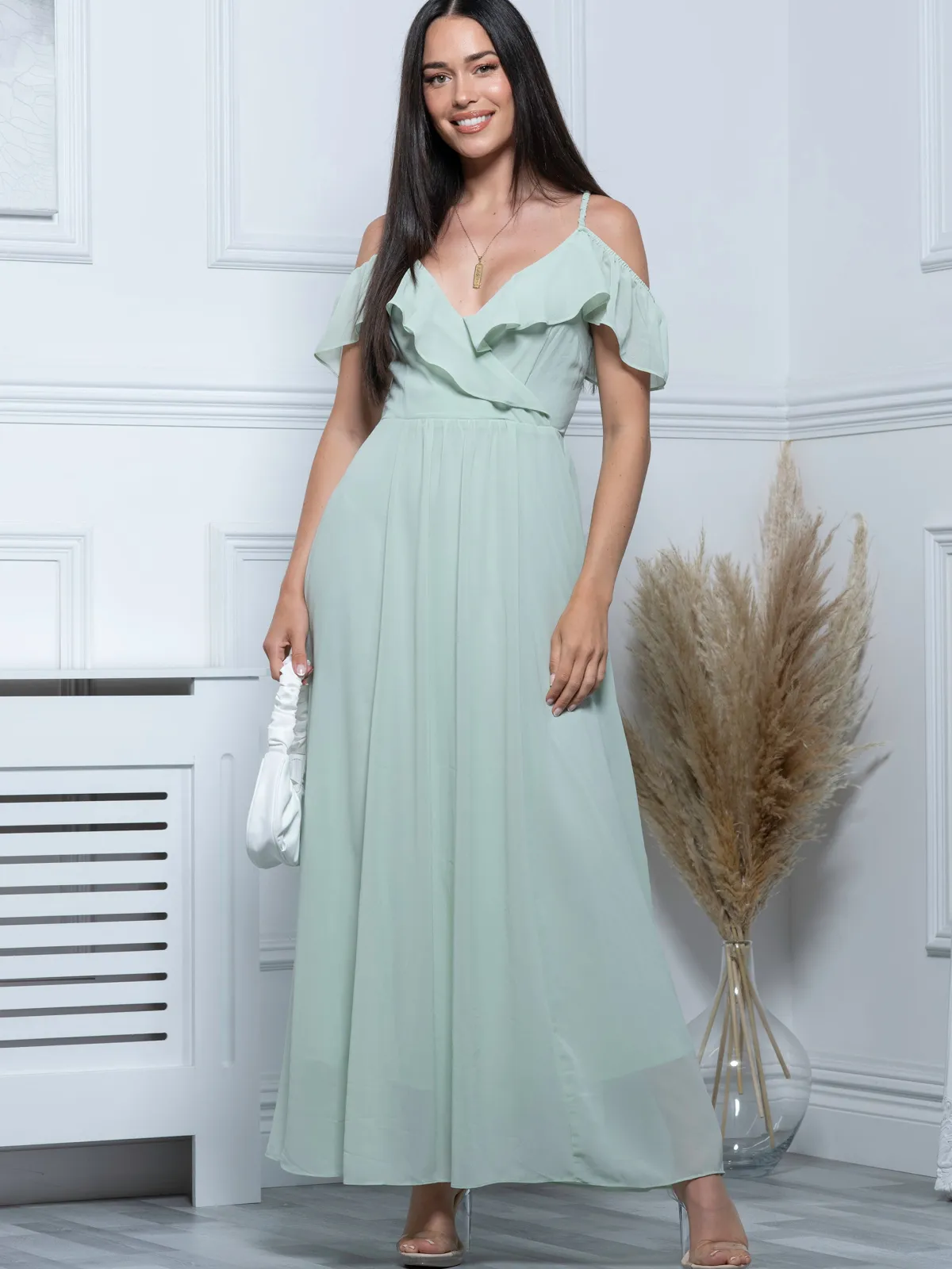 Jolie Moi Occasion Dresses|Sleeveless Dresses-Spaghetti-Strap Ruffle Maxi Dress, Mist
