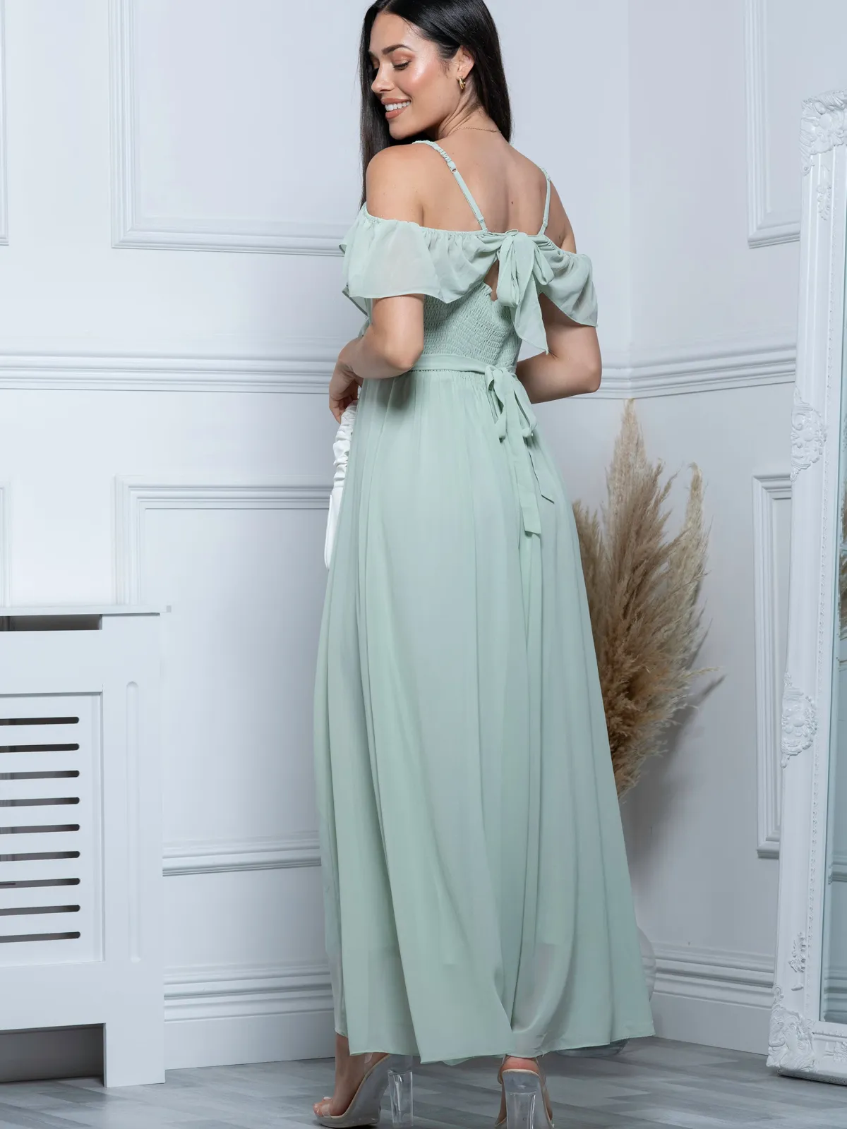 Jolie Moi Occasion Dresses|Sleeveless Dresses-Spaghetti-Strap Ruffle Maxi Dress, Mist