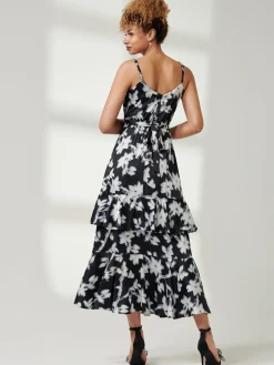 Jolie Moi Occasion Dresses|Floral Dresses-Spaghetti Strap Satin Maxi Dress, Black Floral