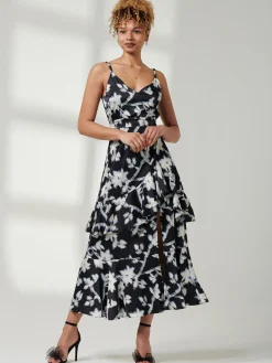 Jolie Moi Occasion Dresses|Floral Dresses-Spaghetti Strap Satin Maxi Dress, Black Floral