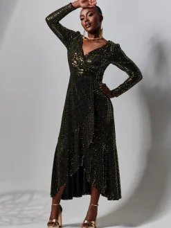 Jolie Moi Occasion Dresses|Wrap Dresses-Sparkly Glitter Wrap Flare Maxi Dress, Gold