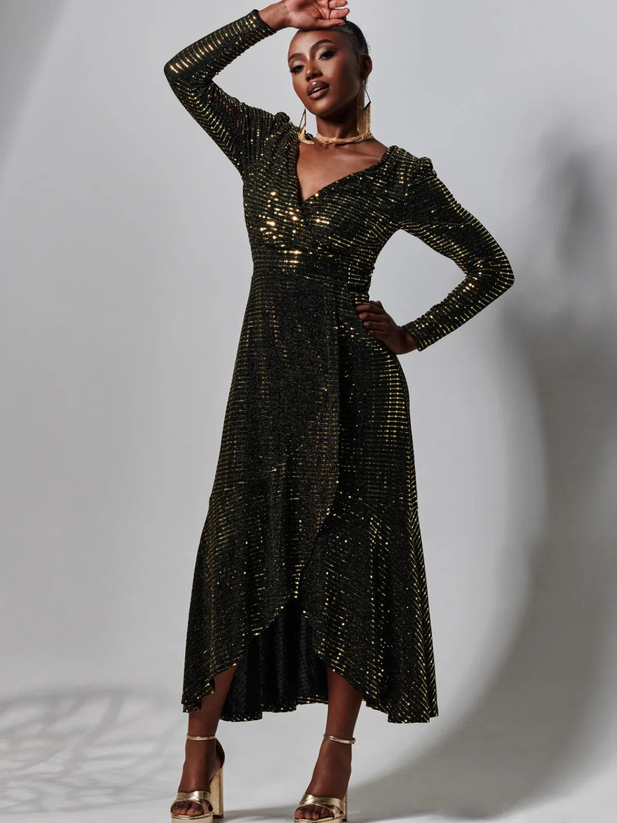 Jolie Moi Occasion Dresses|Wrap Dresses-Sparkly Glitter Wrap Flare Maxi Dress, Gold