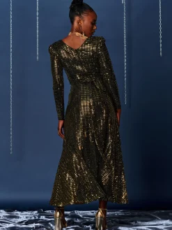 Jolie Moi Occasion Dresses|Wrap Dresses-Sparkly Glitter Wrap Flare Maxi Dress, Gold