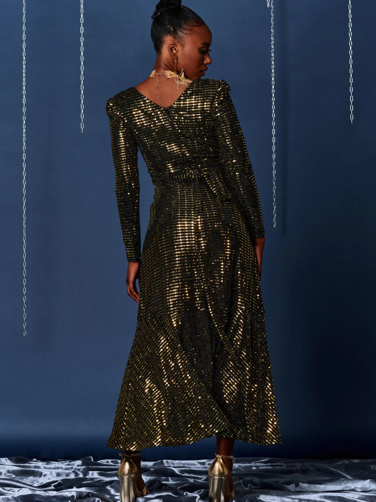 Jolie Moi Occasion Dresses|Wrap Dresses-Sparkly Glitter Wrap Flare Maxi Dress, Gold