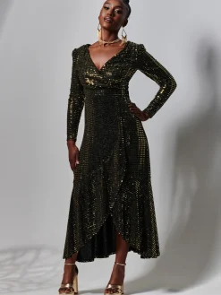 Jolie Moi Occasion Dresses|Wrap Dresses-Sparkly Glitter Wrap Flare Maxi Dress, Gold