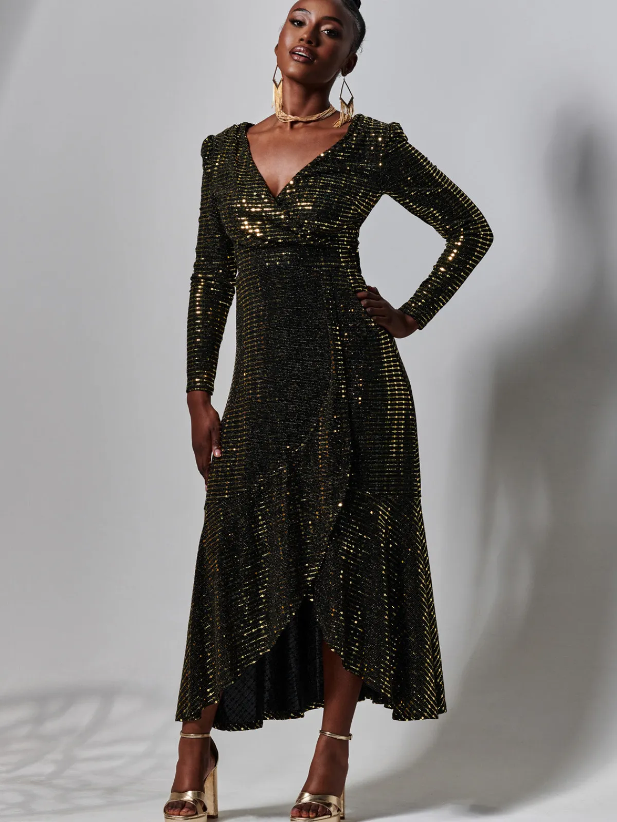 Jolie Moi Occasion Dresses|Wrap Dresses-Sparkly Glitter Wrap Flare Maxi Dress, Gold