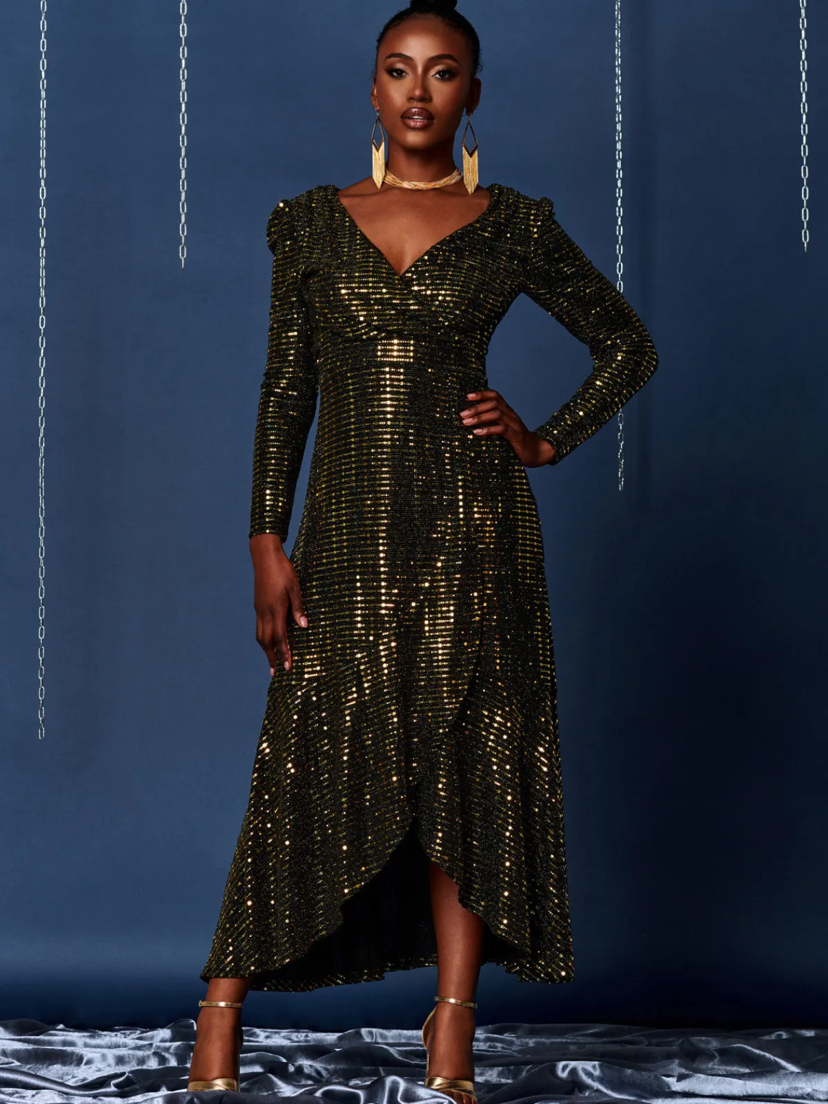 Jolie Moi Occasion Dresses|Wrap Dresses-Sparkly Glitter Wrap Flare Maxi Dress, Gold
