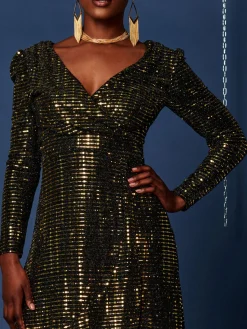 Jolie Moi Occasion Dresses|Wrap Dresses-Sparkly Glitter Wrap Flare Maxi Dress, Gold